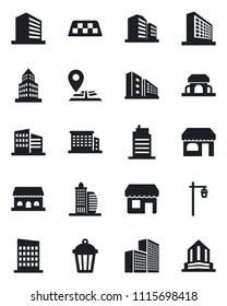 Set of vector isolated black icon - taxi vector, shop, office building, garden light, navigation, city house, cafe, storefront