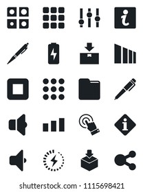 Set of vector isolated black icon - package vector, sorting, settings, touch screen, stop button, menu, folder, charge, application, pen, sound, information, social media