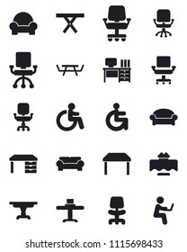 Set of vector isolated black icon - waiting area vector, disabled, office chair, desk, picnic table, cushioned furniture, restaurant, man with notebook