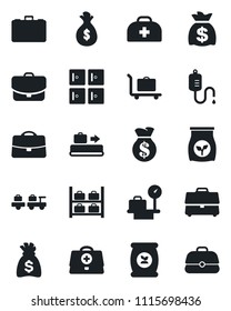 Set of vector isolated black icon - baggage conveyor vector, trolley, larry, luggage storage, scales, checkroom, case, money bag, fertilizer, doctor, dropper