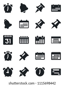 Set of vector isolated black icon - alarm clock vector, drawing pin, calendar, term, paper, bell, schedule