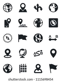 Set of vector isolated black icon - globe vector, seat map, route, navigation, earth, pin, mobile tracking, network, place tag, compass, flag