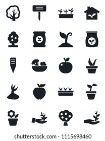 Set of vector isolated black icon - flower in pot vector, seedling, tree, sproute, plant label, fertilizer, fruit, salad, apple, eco house, palm