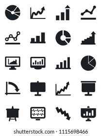 Set of vector isolated black icon - growth statistic vector, presentation board, crisis graph, circle chart, monitor pulse, statistics, bar, pie, point