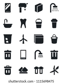 Set of vector isolated black icon - trash bin vector, shower, bucket, tooth, mobile, blank box, water supply, bathroom, serviette, filter, windmill