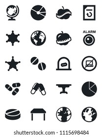 Set of vector isolated black icon - no laptop vector, ticket office, globe, document reload, pills, diet, earth, pie graph, table, police, alarm led