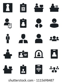 Set of vector isolated black icon - female vector, reception, manager, identity card, place, patient, user, desk, estate agent, pass, group