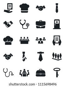 Set of vector isolated black icon - medical room vector, handshake, team, document, stethoscope, meeting, tie, cook hat, case