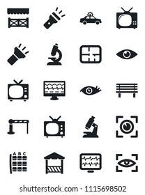 Set of vector isolated black icon - barrier vector, tv, alarm car, seat map, bench, monitor pulse, microscope, eye, torch, plan, alcove, scan