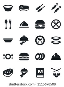 Set of vector isolated black icon - spoon and fork vector, dish, cafe, menu, plates, waiter, steak, kebab, hamburger, bowl, sushi