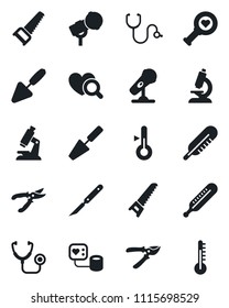 Set of vector isolated black icon - trowel vector, pruner, saw, stethoscope, blood pressure, thermometer, heart diagnostic, microscope, scalpel, microphone