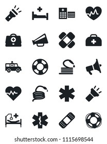Set of vector isolated black icon - hose vector, heart pulse, doctor case, patch, ambulance star, car, hospital bed, loudspeaker, torch, crisis management