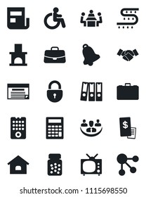 Set of vector isolated black icon - disabled vector, lock, handshake, case, fireplace, drip irrigation, pills bottle, bell, company, news, paper binder, meeting, house, tv, restaurant receipt
