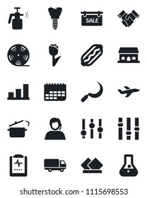 Set of vector isolated black icon - sickle vector, garden sprayer, implant, pulse clipboard, plane, support, car delivery, term, tulip, reel, settings, bar graph, handshake, sale, cafe building