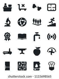Set of vector isolated black icon - book vector, team, medal, manager place, ripper, microscope, broken bone, no trolley, network, career ladder, water supply, plan, table, fridge, apple fruit, chip