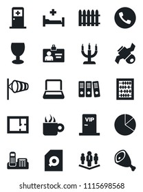 Set of vector isolated black icon - phone vector, wind, medical room, identity card, abacus, fence, hospital bed, satellite, fragile, pie graph, document search, office, paper binder, notebook pc