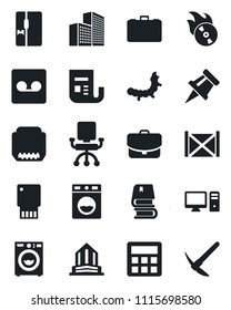 Set of vector isolated black icon - case vector, caterpillar, container, flame disk, news, hdmi, calculator, record, drawing pin, office building, book, washer, fridge, pc, usb flash, chair