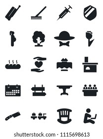 Set of vector isolated black icon - suitcase vector, signpost, baggage larry, meeting, rake, tree, fireplace, syringe, heart hand, pregnancy, tulip, shield, calendar, children room, table, bread