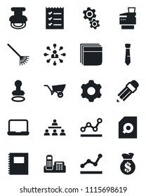 Set of vector isolated black icon - stamp vector, hierarchy, rake, wheelbarrow, settings, copybook, document search, office phone, blank box, checklist, point graph, tie, notebook pc, copier, pencil