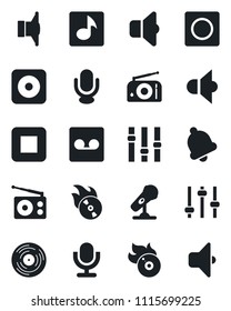 Set of vector isolated black icon - vinyl vector, flame disk, microphone, radio, speaker, settings, stop button, rec, tuning, bell, record, music, sound