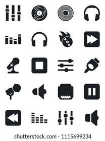 Set of vector isolated black icon - vinyl vector, flame disk, microphone, speaker, settings, equalizer, headphones, pause button, stop, fast forward, rewind, hdmi, tuning, sound