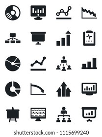 Set of vector isolated black icon - growth statistic vector, hierarchy, presentation board, monitor, circle chart, pulse, clipboard, statistics, bar graph, pie, point, arrow up, crisis