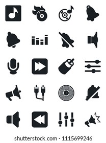 Set of vector isolated black icon - vinyl vector, flame disk, speaker, loudspeaker, settings, equalizer, microphone, fast forward, rewind, rca, tuning, bell, mute, music, sound, advertising