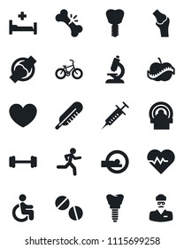 Set of vector isolated black icon - heart vector, pulse, syringe, thermometer, microscope, pills, tomography, barbell, bike, run, hospital bed, disabled, implant, joint, broken bone, diet, doctor
