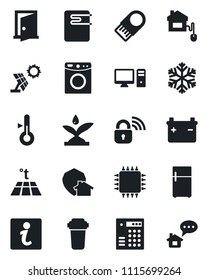 Set of vector isolated black icon - home control vector, chip, wireless lock, irrigation, water heater, snowflake, pc, filter, washer, thermometer, warm floor, protect, fridge, sun panel, door
