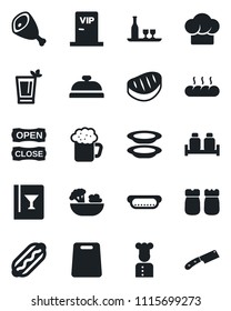 Set of vector isolated black icon - cook vector, alcohol, hat, wine card, reception, phyto bar, beer, salad, plates, salt and pepper, bread, vip zone, open close, steak, ham, hot dog, cutting board