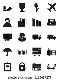 Set of vector isolated black icon - plane vector, office phone, support, sea shipping, truck trailer, car delivery, term, consolidated cargo, clipboard, folder document, fragile, umbrella, tulip