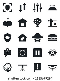 Set of vector isolated black icon - tree vector, important flag, mobile tracking, pause button, tuning, record, data exchange, face id, eye, fruit, smart home, crane, mailbox, dress code, hamburger