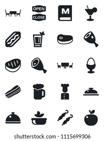 Set of vector isolated black icon - cook vector, dish, menu, reception, cocktail, phyto bar, beer, salad, bacon, egg stand, cafe table, open close, steak, kebab, ham, hot dog, apple fruit