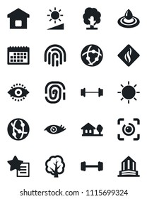 Set of vector isolated black icon - tree vector, sun, barbell, eye, network, favorites list, brightness, id, fingerprint, calendar, house with, smart home, water, smoke detector, office building