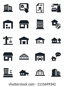 Set of vector isolated black icon - shop vector, airport building, factory, greenhouse, warehouse, house with garage, tree, estate document, office, city, crane, insurance, home control app, message