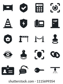 Set of vector isolated black icon - fence vector, barrier, identity, stamp, border cone, hose, shield, chain, protect, face id, eye, key, estate insurance, vip zone, intercome, combination lock