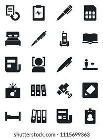 Set of vector isolated black icon - escalator vector, bomb in case, book, pen, document reload, pulse clipboard, office phone, satellite, sim, notes, face id, news, paper binder, bedroom, pass card