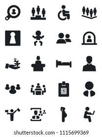 Set of vector isolated black icon - dispatcher vector, female, baby, reception, bed, pedestal, team, disabled, pregnancy, group, user, identity card, hr, meeting, client search, estate agent