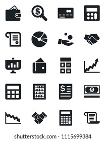 Set of vector isolated black icon - credit card vector, calculator, abacus, cash, receipt, pie graph, handshake, wallet, growth, crisis, money search, investment, presentation, contract