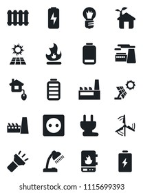 Set of vector isolated black icon - bulb vector, factory, fire, battery, low, torch, charge, desk lamp, windmill, home control, eco house, socket, power plug, water heater, radiator, sun panel