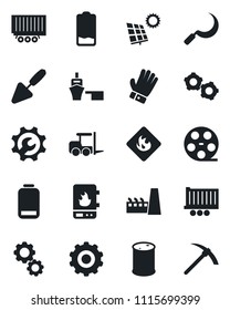 Set of vector isolated black icon - fork loader vector, gear, trowel, glove, sickle, truck trailer, sea port, flammable, oil barrel, reel, low battery, root setup, sun panel, factory, water heater