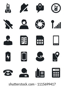 Set of vector isolated black icon - no mobile vector, phone, office, support, tracking, radio, camera, sim, mute, cellular signal, charge, combination lock