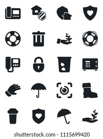 Set of vector isolated black icon - umbrella vector, trash bin, safe, lock, glove, boot, heart shield, eye id, estate insurance, intercome, water filter, home protect, palm sproute