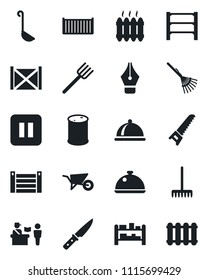 Set of vector isolated black icon - passport control vector, farm fork, rake, wheelbarrow, saw, cargo container, oil barrel, rack, pause button, ink pen, heater, dish, ladle, knife, radiator