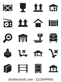 Set of vector isolated black icon - container vector, fragile, warehouse storage, up side sign, no trolley, package, heavy scales, search cargo, rack, radio, blank box, archive, garage gate control