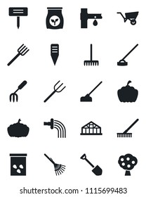 Set of vector isolated black icon - job vector, garden fork, farm, rake, wheelbarrow, watering, hoe, plant label, pumpkin, greenhouse, seeds, fertilizer, drip irrigation, fruit tree