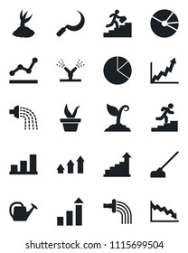Set of vector isolated black icon - growth statistic vector, seedling, watering can, sproute, hoe, sickle, bar graph, pie, point, career ladder, irrigation, arrow up, crisis