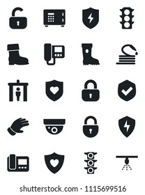 Set of vector isolated black icon - security gate vector, safe, lock, glove, boot, hose, heart shield, traffic light, protect, intercome, surveillance, sprinkler