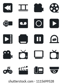 Set of vector isolated black icon - ticket office vector, clapboard, film frame, reel, tv, gamepad, video camera, play button, pause, rewind, hdmi, record, intercome, surveillance