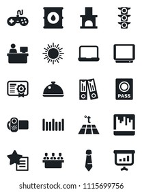 Set of vector isolated black icon - passport vector, sun, office binder, tie, manager place, fireplace, traffic light, oil barrel, barcode, gamepad, tv, video camera, favorites list, scanner, dish